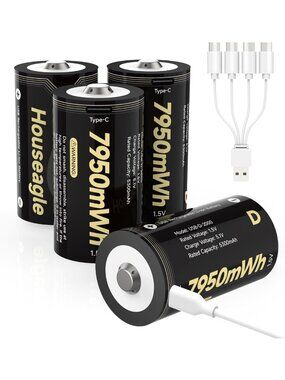Rechargeable D Cell Batteries 4-Pack with USB-C Charger for Outdoor Devices